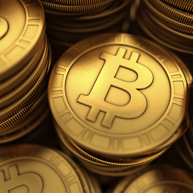 Close up 3D illustration of paneled golden Bitcoins